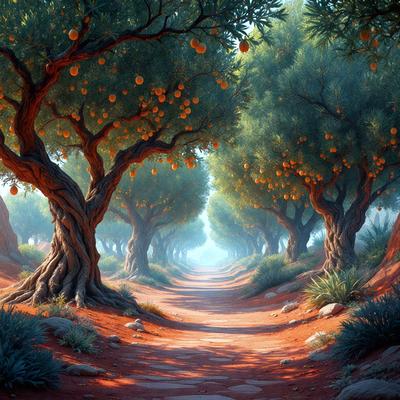 The primary subject of the image is a tree-lined path with a red dirt road. The setting is a desert-like environment, with a few trees scattered throughout the scene. The visual style is a digital art or illustration, creating a vibrant and colorful atmosphere. The dominant colors are red and orange, giving the scene a warm and inviting mood.